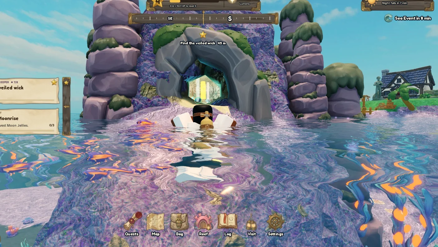 Swimming toward a sea cave with violet rock stacks and glowing fish