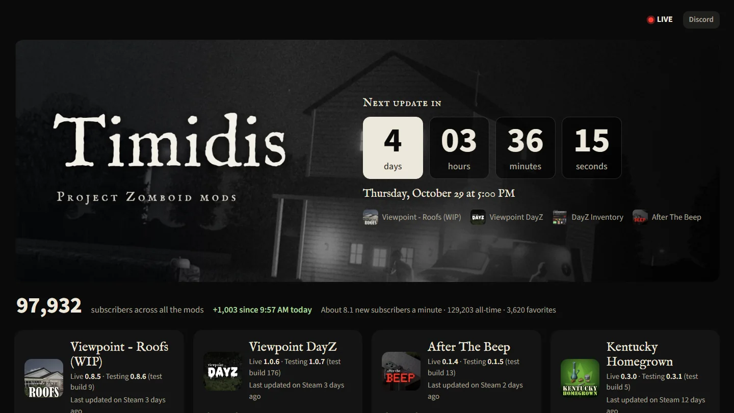 The Timidis mod hub: title and a countdown to the next update