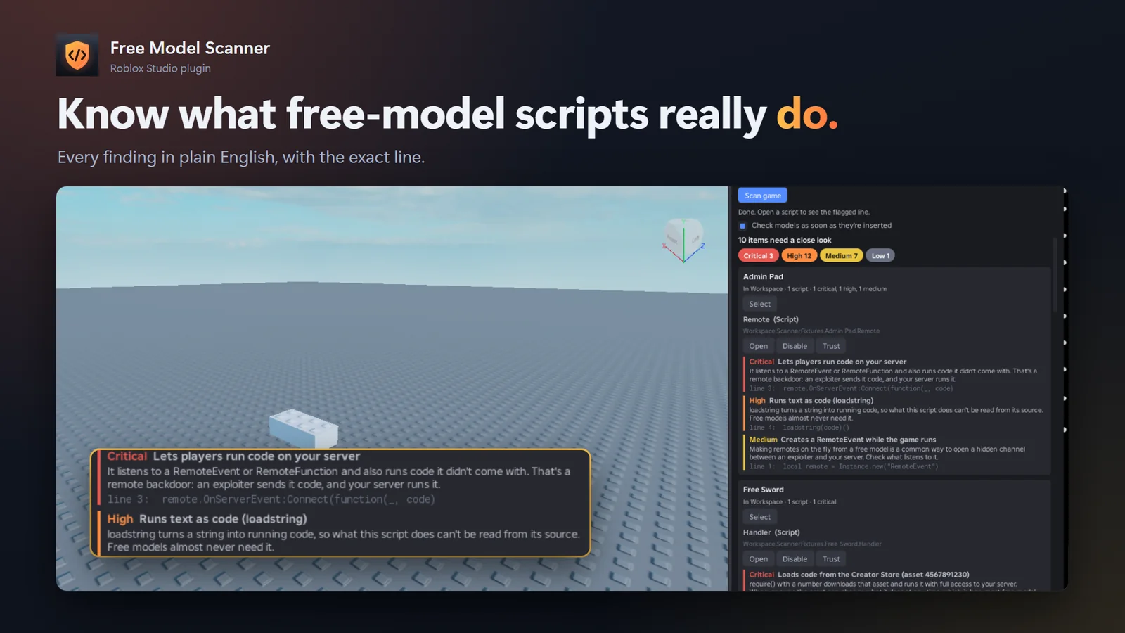 Free Model Scanner findings in Roblox Studio