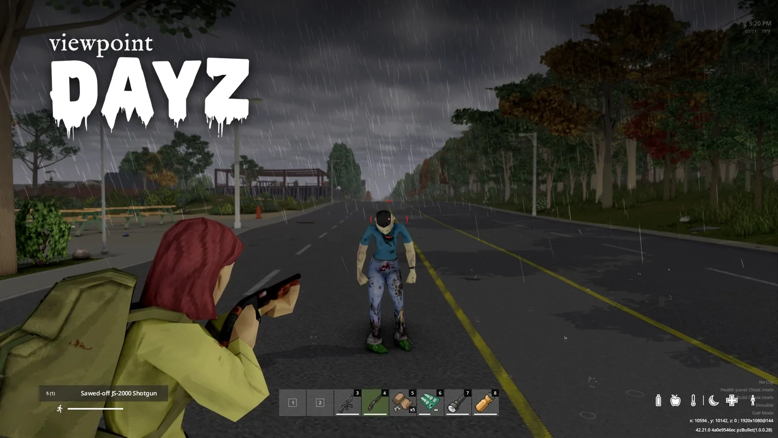 Aiming a shotgun on a rainy road with the new HUD