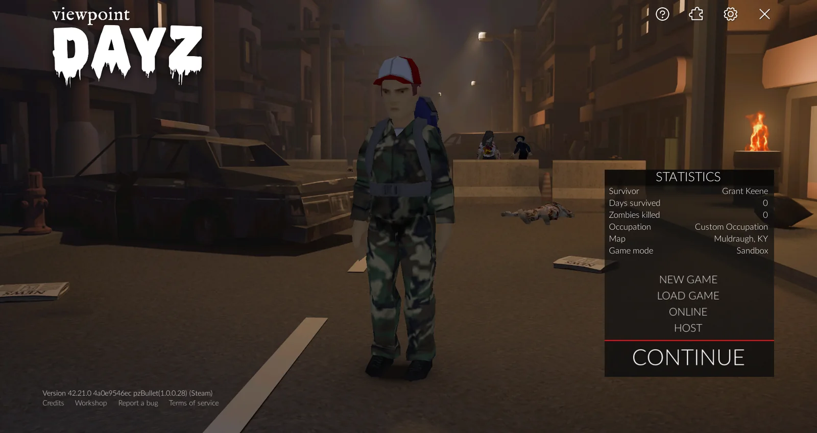 The new main menu: a 3D night street with the survivor and their statistics